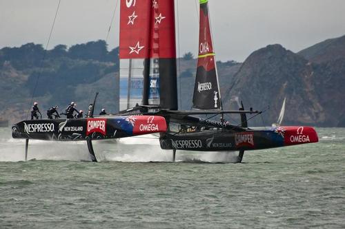 Emirates Team NZ prepares for a gybe while training in San Francisco Saturday August 4, 2013 © Chuck Lantz http://www.ChuckLantz.com